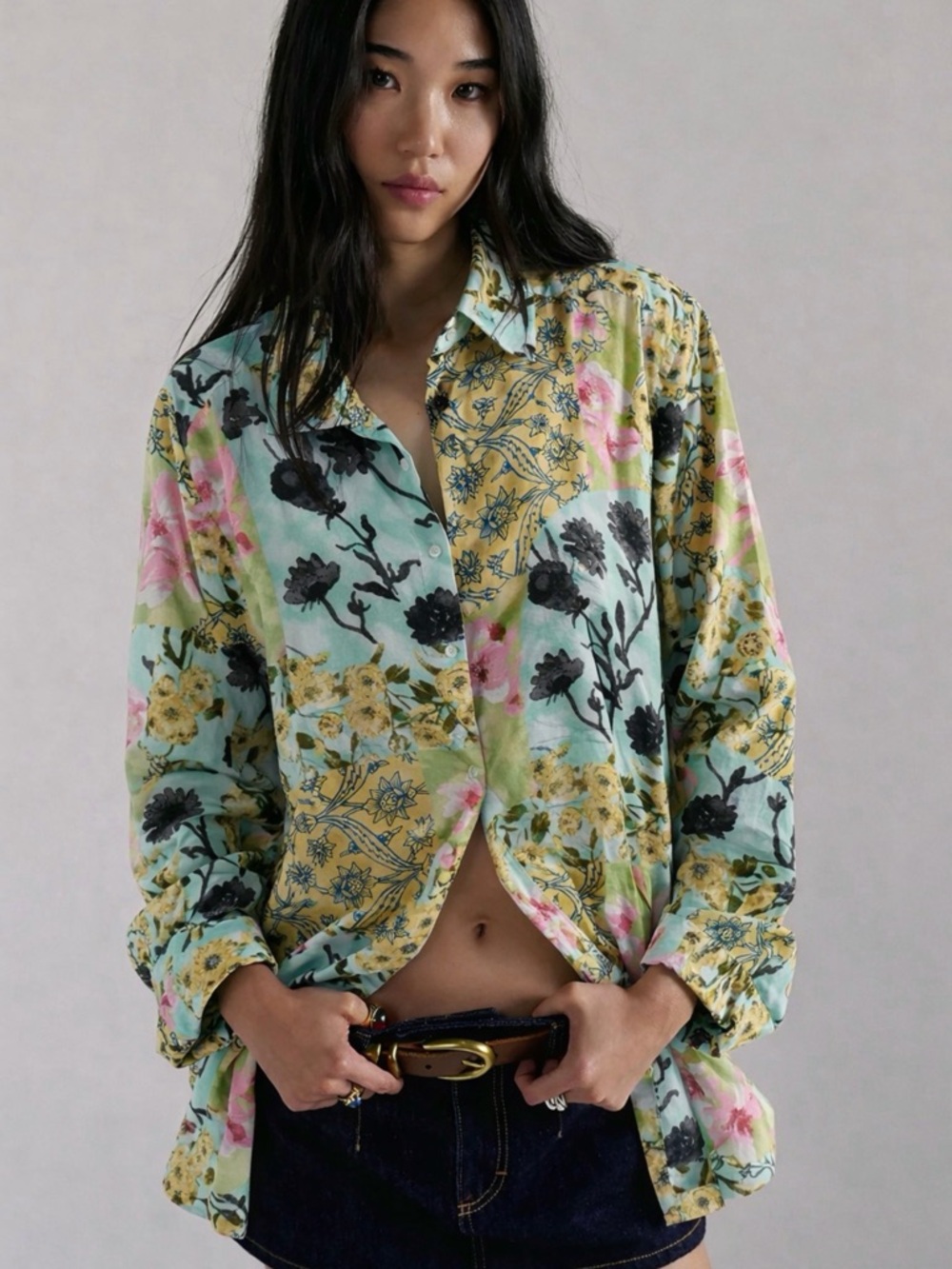 Rose & Olive Pastel Multi Floral Patchwork Button-Down Shirt